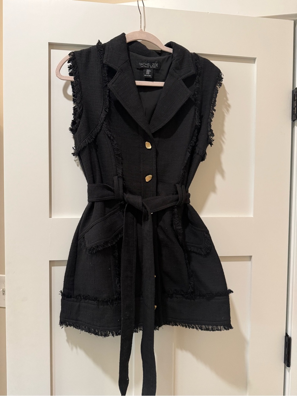 Rachel Zoe Black Sleeveless Belted Tweed Vest with Gold Buttons
